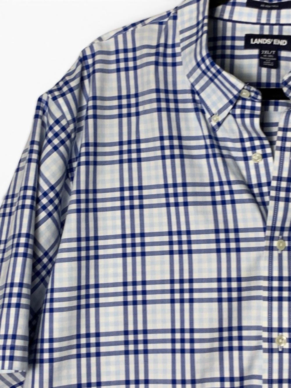 Lands End Mens 2XLT Blue Plaid No Iron Twill Short Sleeve Button Shirt Tall - Picture 7 of 16